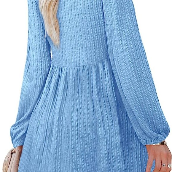 WEESO Women Blue Knit Square Neck Long Sleeve Knee Length Babydoll Dress Medium - Picture 4 of 4